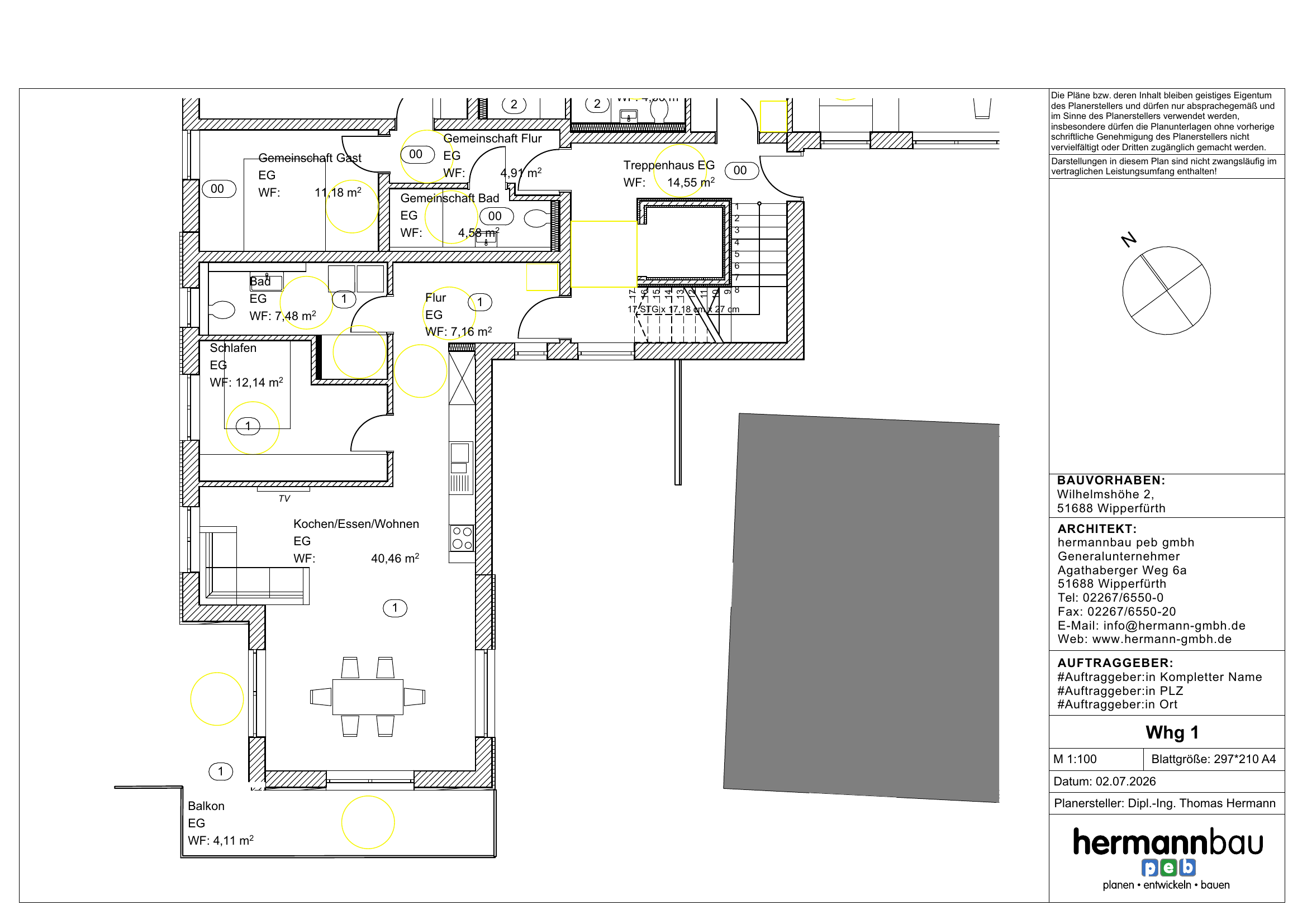 Grundriss Wohnung 1: 2-Zimmer-Wohnung mit Balkon, 75 m² im Erdgeschoss
