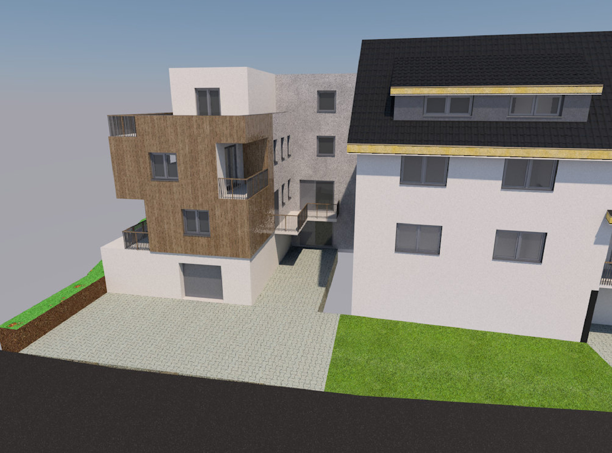 Außenansicht mit Holzfassade und Balkonen, daneben das benachbarte Wohnhaus mit dunklem Satteldach
