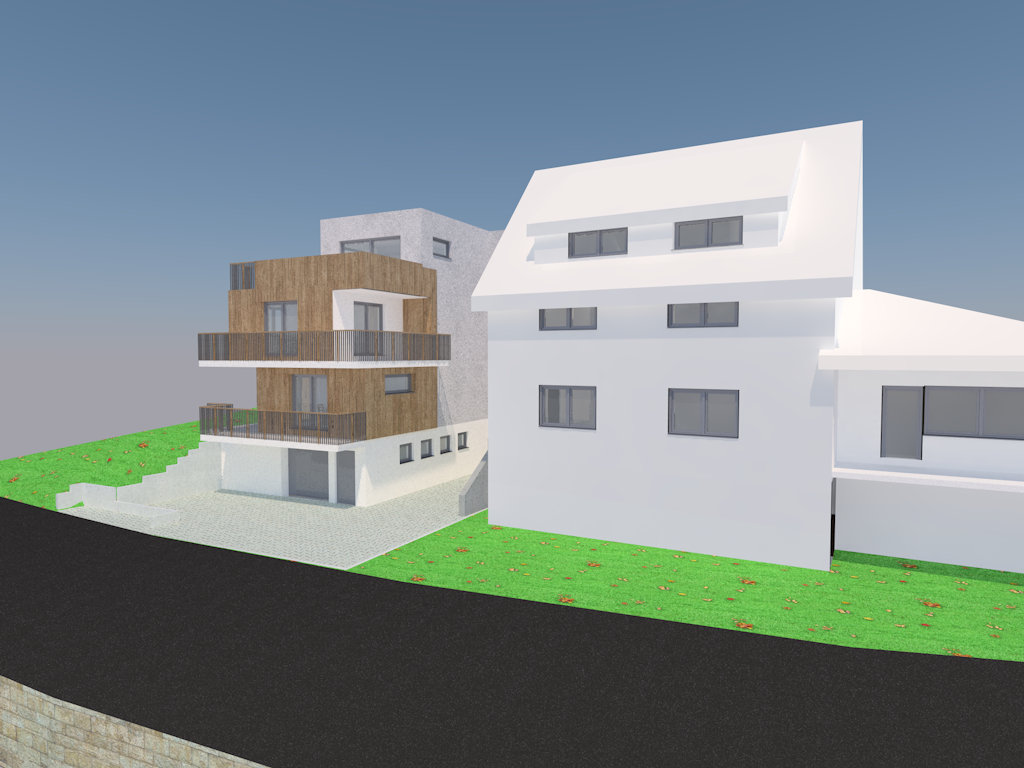 Visualisierung von der Straße: Neubau mit Holz- und Putzfassade und Balkonen, rechts das benachbarte Wohnhaus