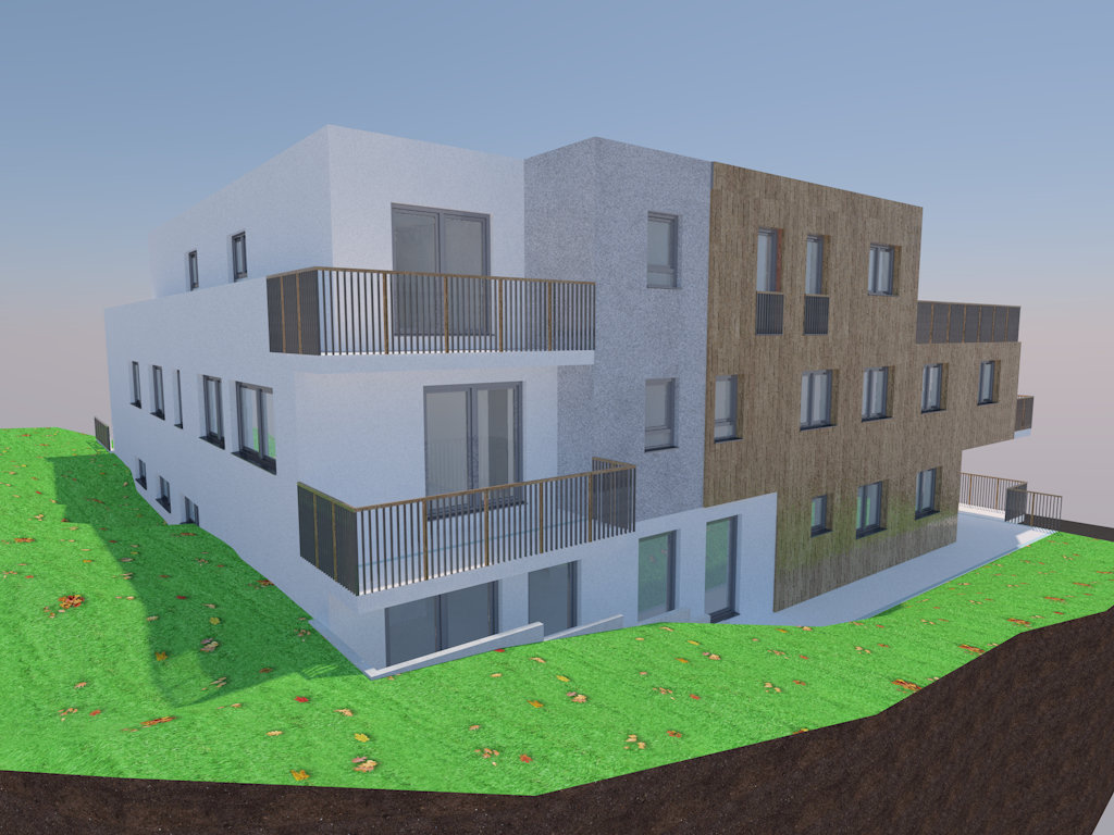 Visualisierung vom Hang aus: Gartenseite des Neubaus mit heller Putz- und Holzfassade und Balkonen